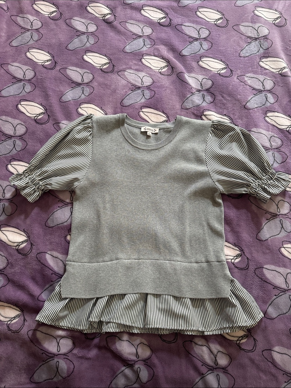 Nanette Lepore Gray Knit Top with Black-and-White Striped Sleeves
